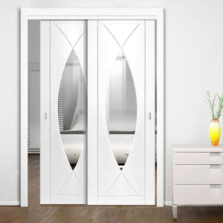 Image: Two Sliding Doors and Frame Kit - Pesaro Flush Door - Clear Glass - White Primed