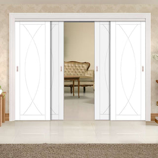 Image: Four Sliding Doors and Frame Kit - Pesaro Flush Door - White Primed