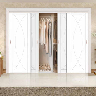 Image: Four Sliding Wardrobe Doors & Frame Kit - Pesaro Flush Door - White Primed