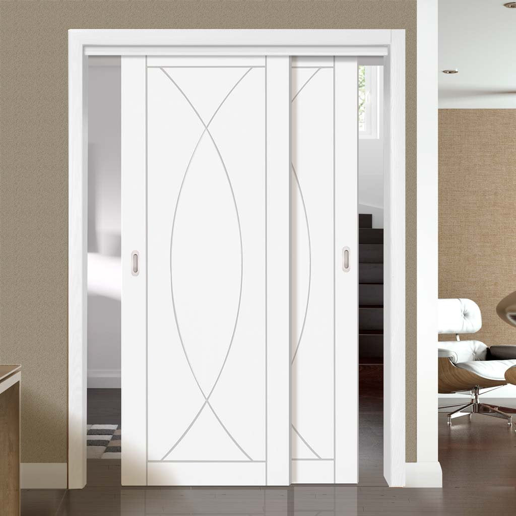 Two Sliding Doors and Frame Kit - Pesaro Flush Door - White Primed