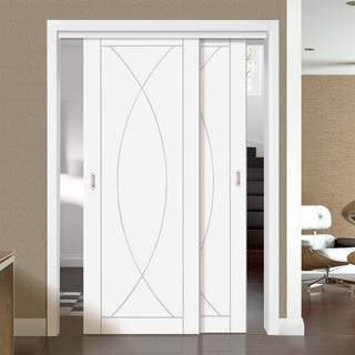 Image: Two Sliding Doors and Frame Kit - Pesaro Flush Door - White Primed
