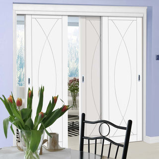 Image: Three Sliding Doors and Frame Kit - Pesaro Flush Door - White Primed
