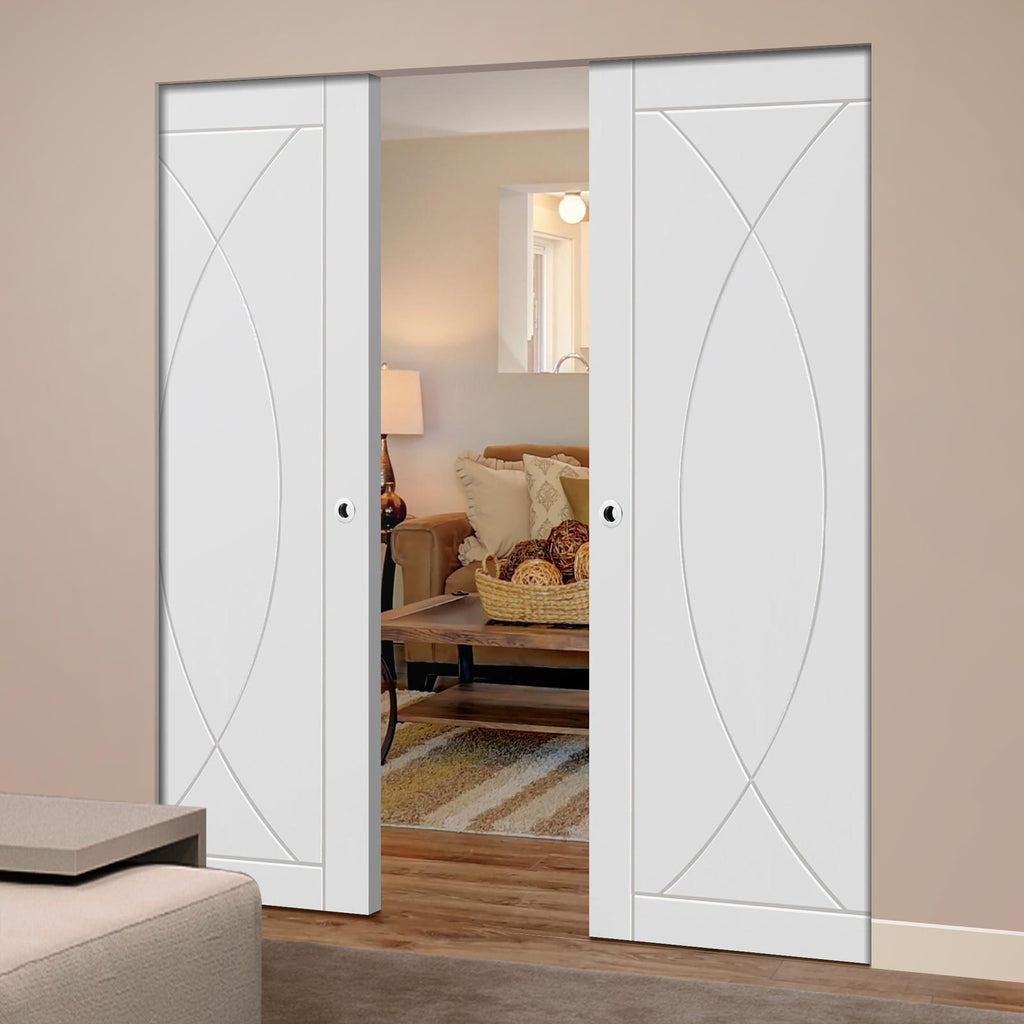 Bespoke Pesaro Flush Double Frameless Pocket Door - White Primed