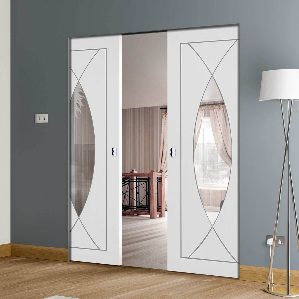 Bespoke Pesaro White Primed Glazed Double Frameless Pocket Door