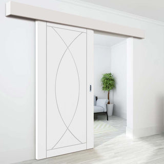 Image: Single Sliding Door & Wall Track - Pesaro Flush Door - White Primed