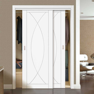 Image: Two Sliding Wardrobe Doors & Frame Kit - Pesaro Flush Door - White Primed