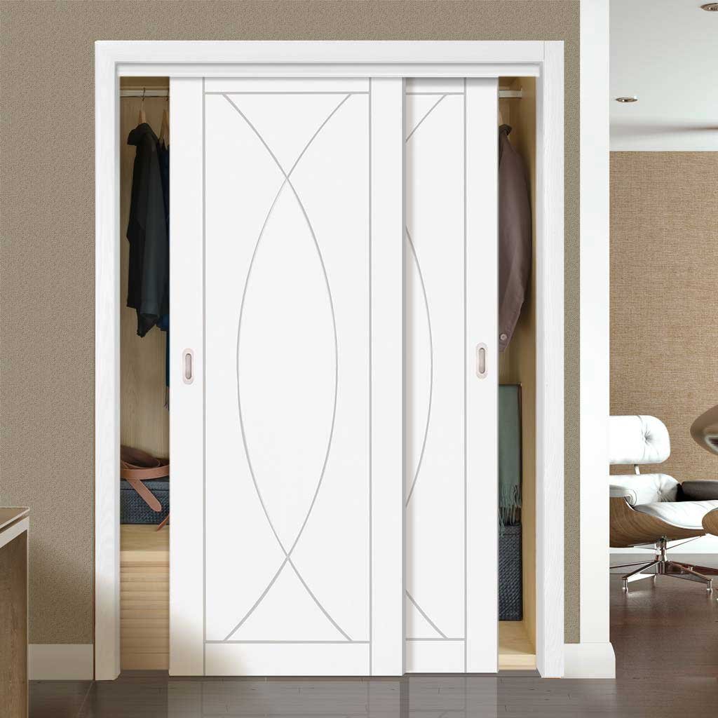 Minimalist Wardrobe Door & Frame Kit - Two Pesaro Flush Doors - White Primed