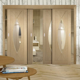 Image: Bespoke Thruslide Pesaro Oak Glazed - 4 Sliding Doors and Frame Kit - Prefinished