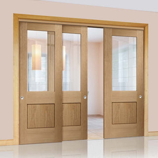 Image: Bespoke Thruslide Piacenza Oak 1 Panel Glazed - 3 Sliding Doors and Frame Kit - Groove Design