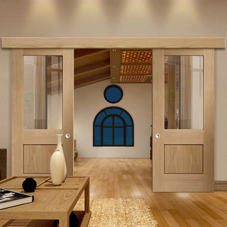 Image: Bespoke Thruslide Surface Piacenza Oak 1 Panel Glazed - Sliding Double Door and Track Kit - Groove Design