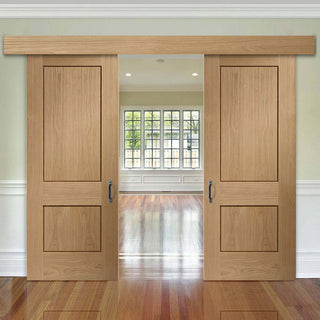 Image: Bespoke Thruslide Surface Piacenza Oak 2 Panel Flush - Sliding Double Door and Track Kit - Groove Design