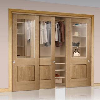 Image: Bespoke Thruslide Piacenza Oak 1 Panel Glazed 3 Door Wardrobe and Frame Kit - Groove Design