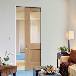 Image: Bespoke Piacenza Oak 1P Glazed Single Frameless Pocket Door - Groove Design