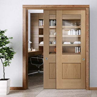 Image: Bespoke Thruslide Piacenza Oak 1 Panel Glazed - 2 Sliding Doors and Frame Kit - Groove Design
