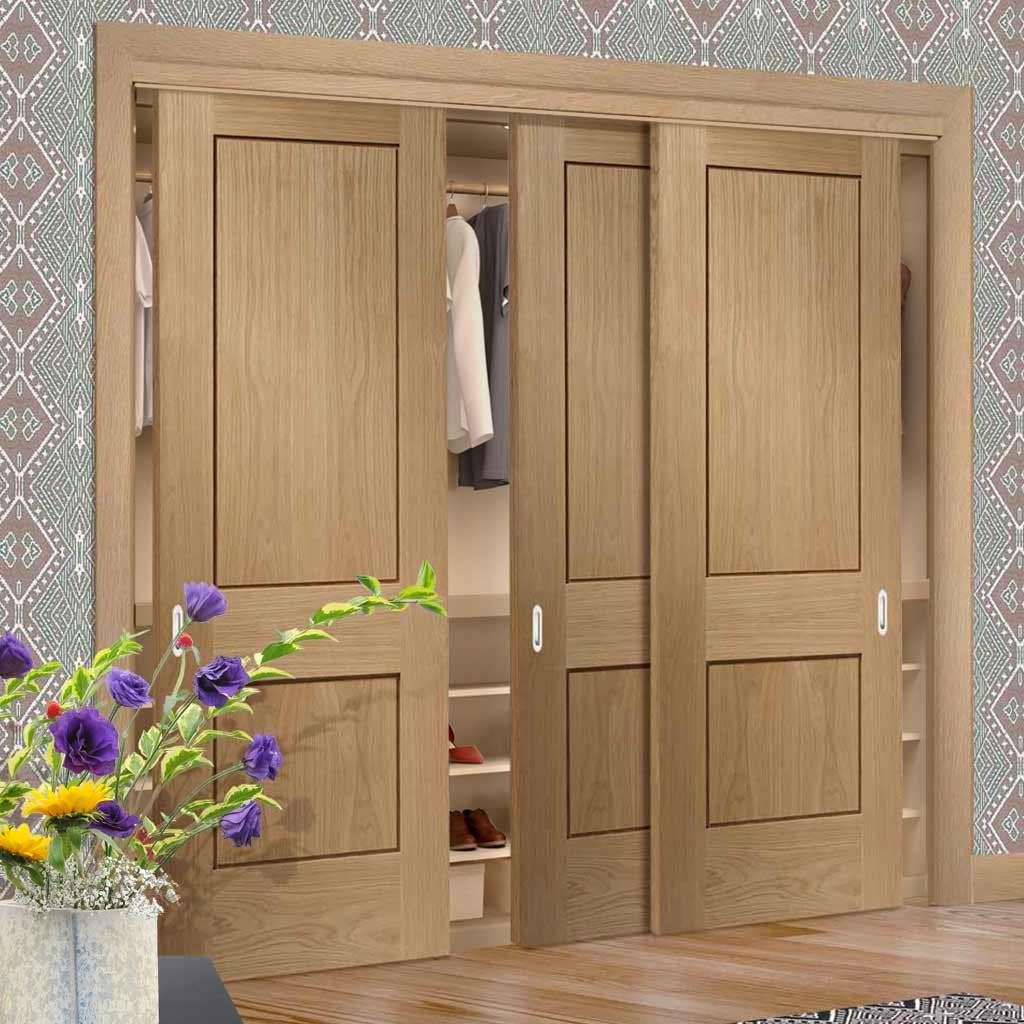 Bespoke Thruslide Piacenza Oak 2 Panel Flush 3 Door Wardrobe and Frame Kit - Groove Design