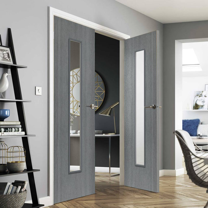 J B Kind Pintado Slate Grey Flush Door Pair - Clear Glass - Prefinished