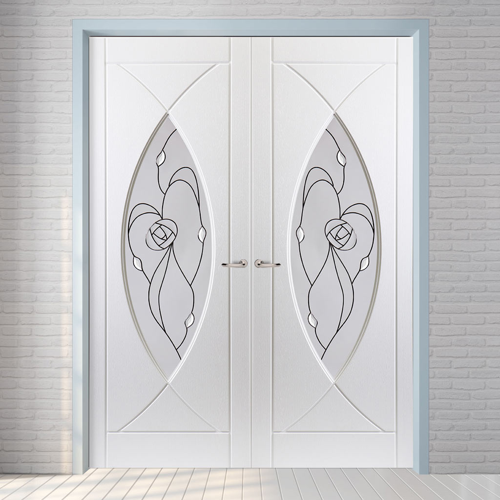 Pisces Lightly Grained Internal PVC Door Pair - Rose Style Sandblasted Glass