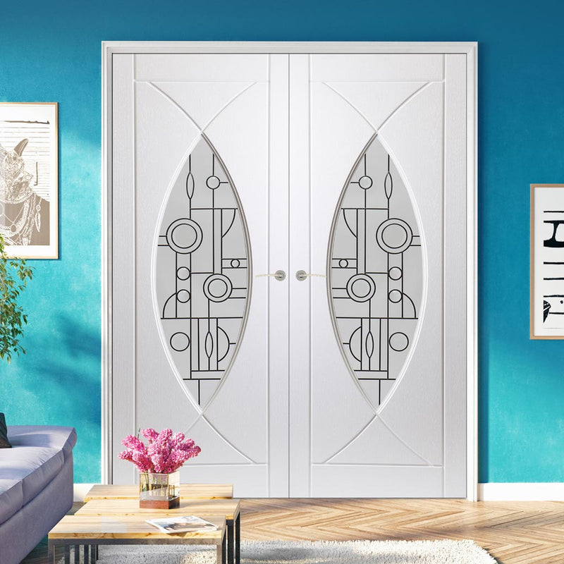 Pisces Lightly Grained Internal PVC Door Pair - Abstract Style Sandblasted Glass