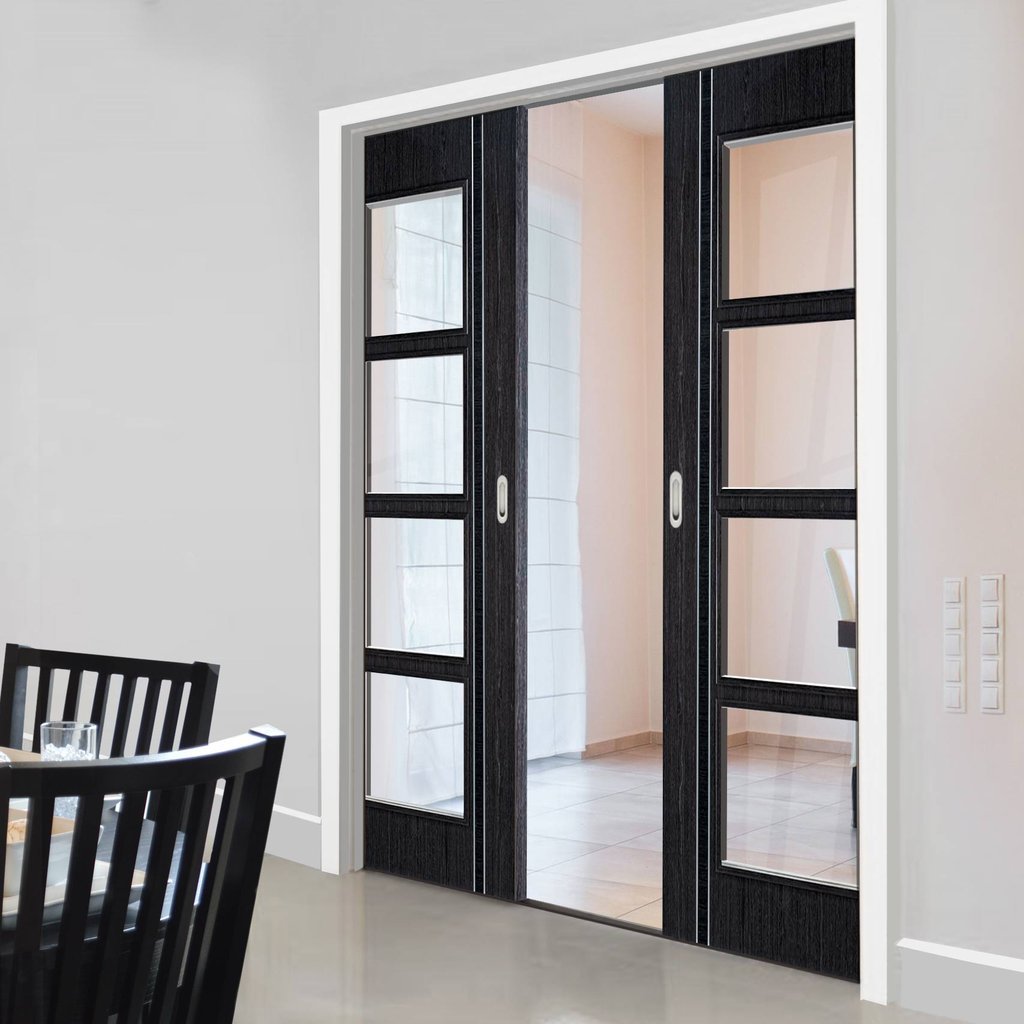 Ash Grey Zanzibar Double Evokit Pocket Door - Clear Glass - Prefinished