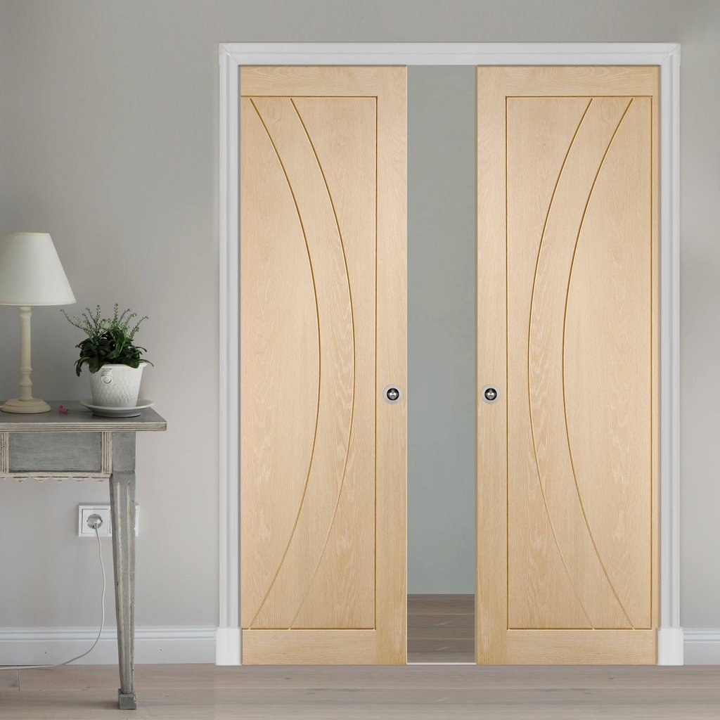 Salerno Oak Flush Double Evokit Pocket Doors - Prefinished