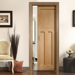 Image: Bespoke DX 1930'S Oak Panel Single Pocket Door - Prefinished