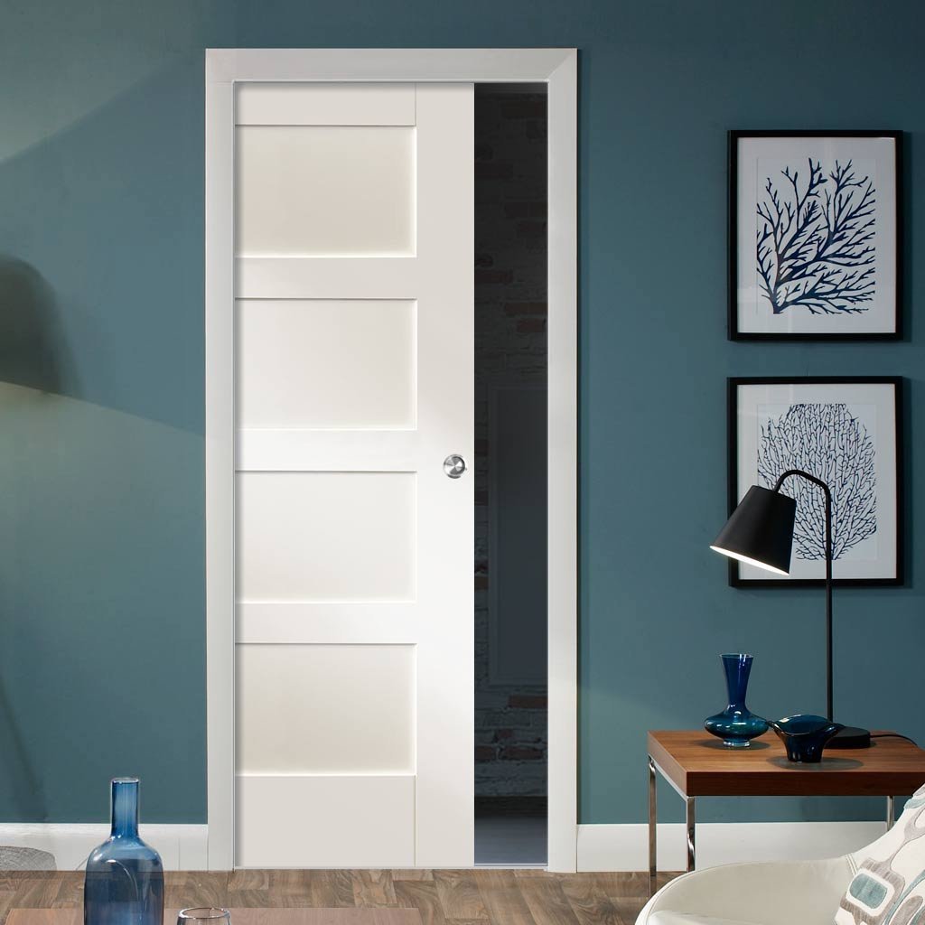 Shaker 4 Panel Single Evokit Pocket Door - Primed