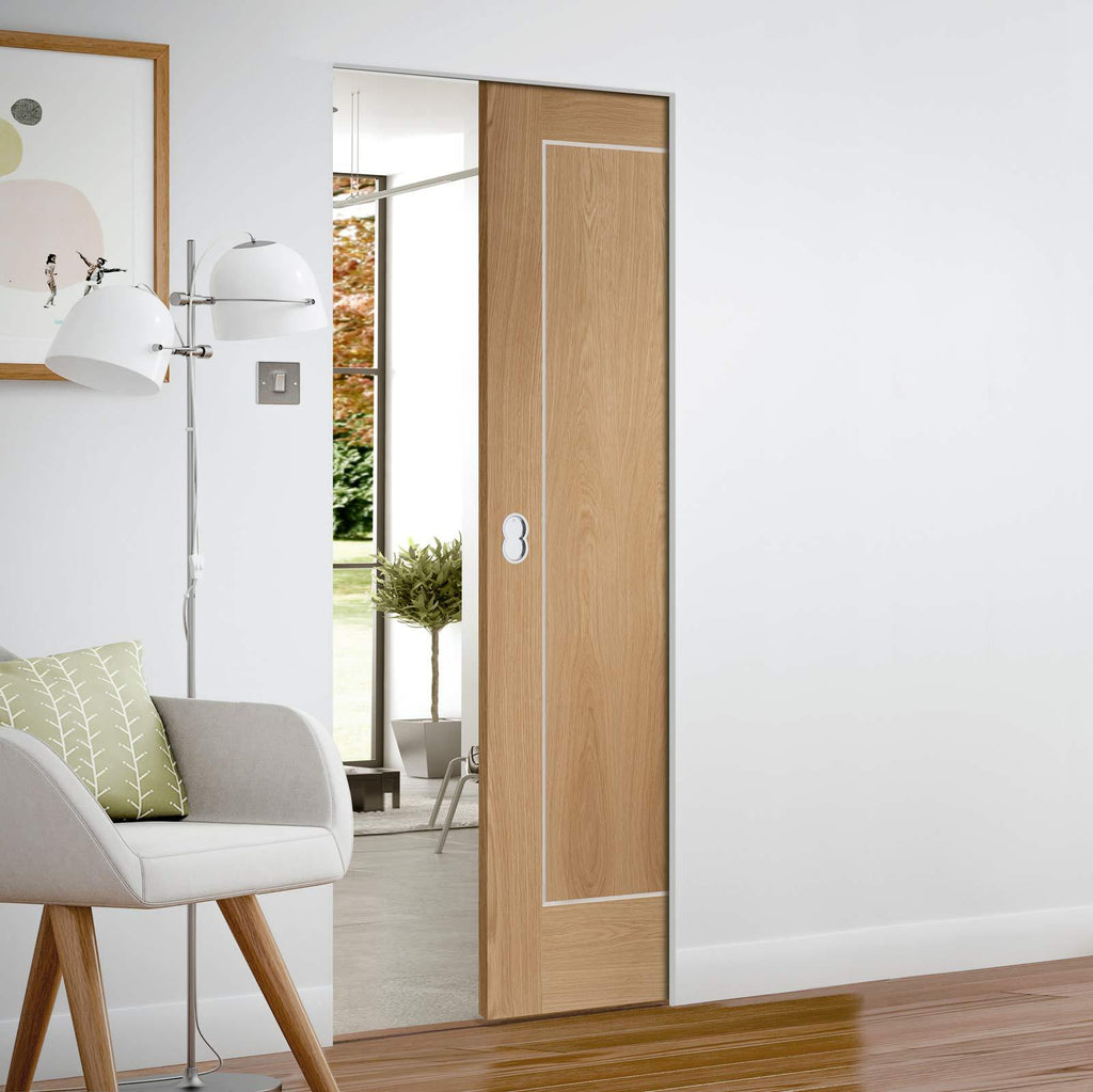 Bespoke Varese Oak Flush Single Frameless Pocket Door - Aluminium Inlay - Prefinished