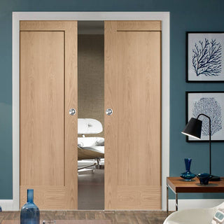 Image: Bespoke Pattern 10 Oak 1 Panel Double Pocket Door - Prefinished