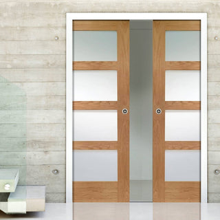 Image: Shaker Oak 4 Pane Double Evokit Pocket Doors - Frosted Glass - Prefinished