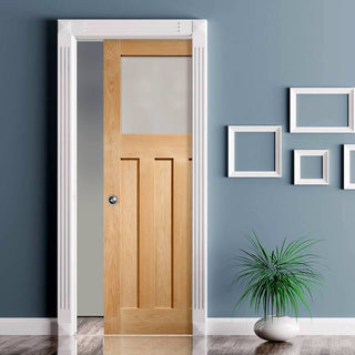 Image: DX 1930's Oak Single Evokit Pocket Door - Frosted Glass - Prefinished