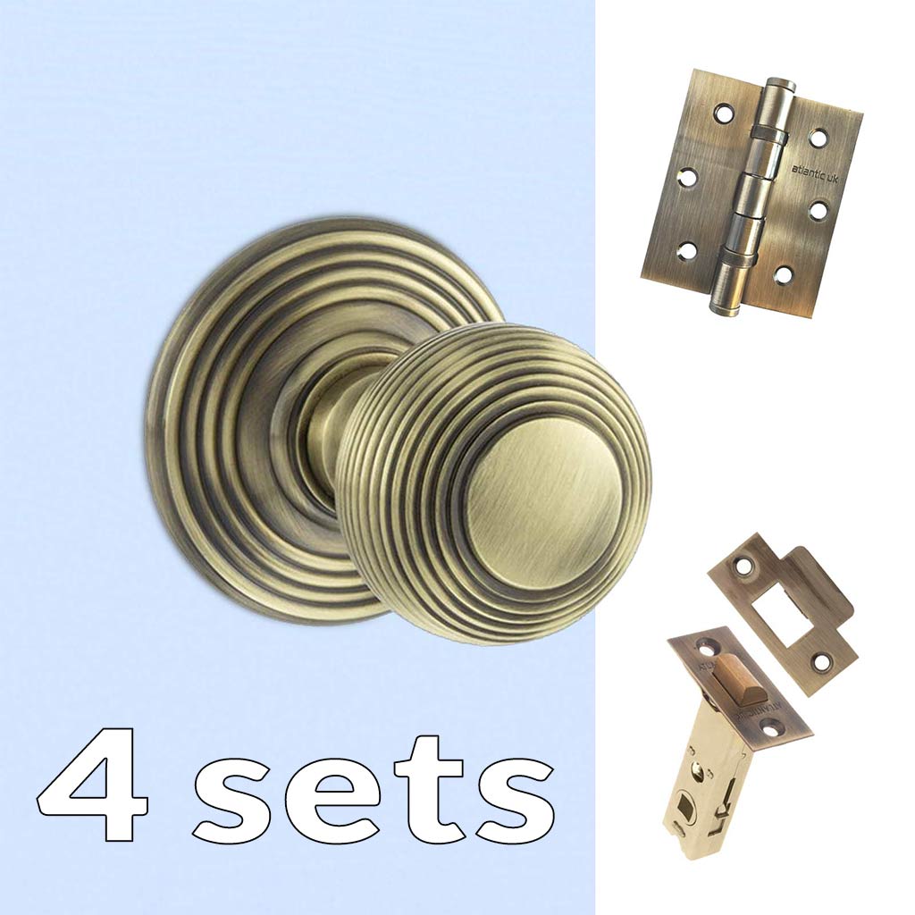 Four Pack Ripon Reeded Old English Mortice Knob - Antique Brass