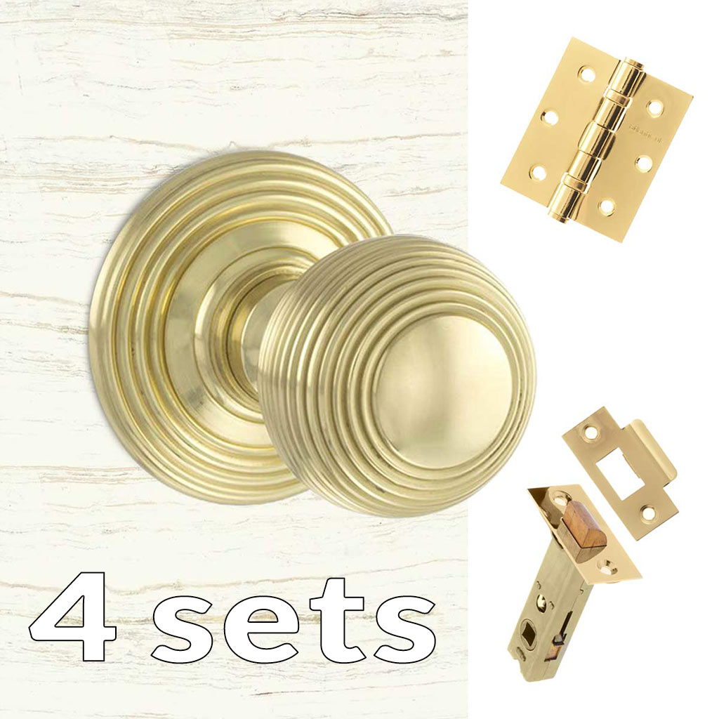 Four Pack Ripon Reeded Old English Mortice Knob - Polished Brass