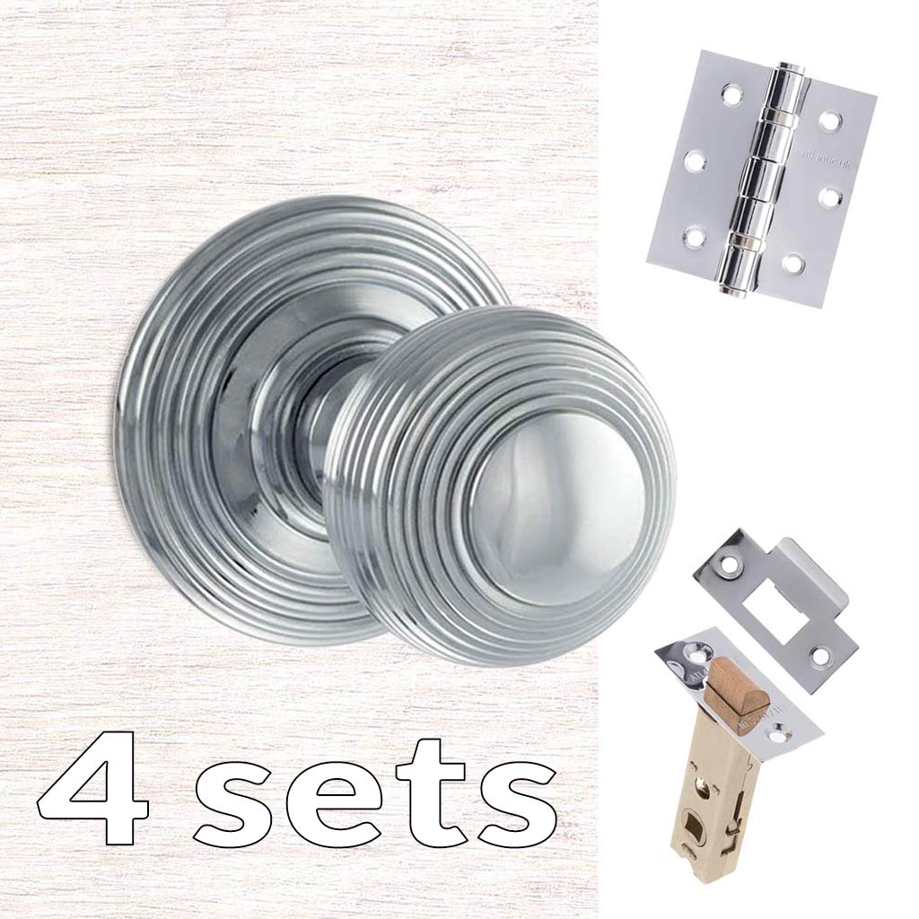 Four Pack Ripon Reeded Old English Mortice Knob - Polished Chrome