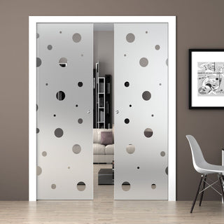 Image: Polka Dot 8mm Obscure Glass - Clear Printed Design - Double Evokit Glass Pocket Door