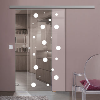 Image: Single Glass Sliding Door - Polka Dot 8mm Clear Glass - Obscure Printed Design with Elegant Track