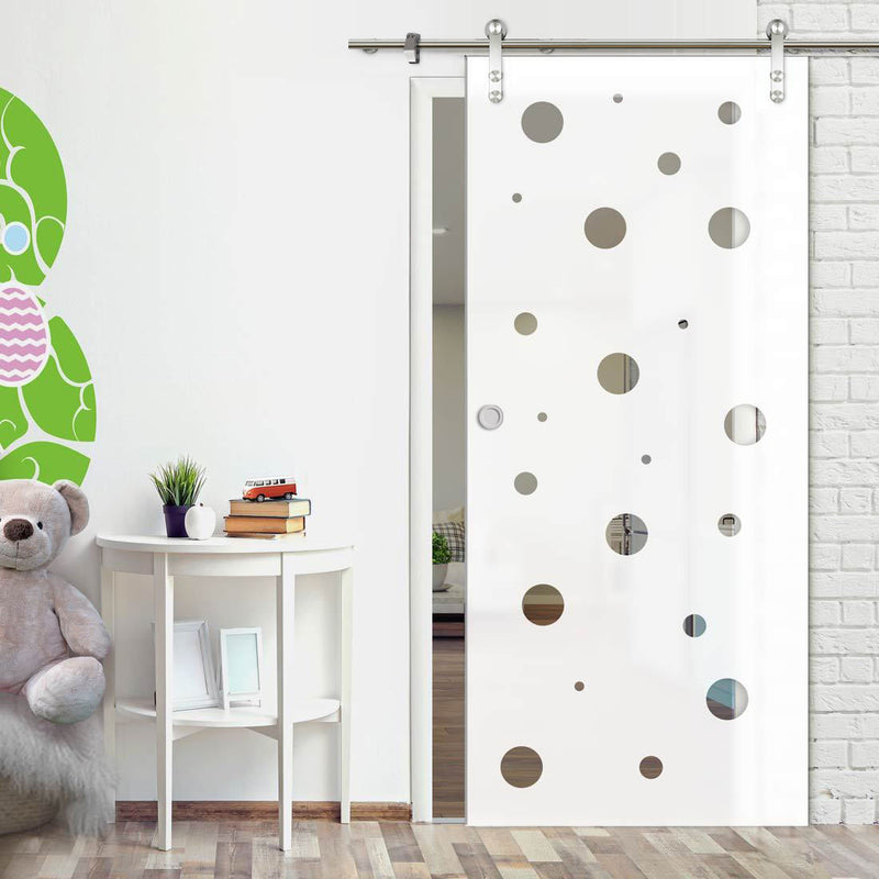 Single Glass Sliding Door - Solaris Tubular Stainless Steel Sliding Track & Polka Dot 8mm Obscure Glass - Clear Printed Design