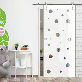 Image: Single Glass Sliding Door - Solaris Tubular Stainless Steel Sliding Track & Polka Dot 8mm Obscure Glass - Clear Printed Design