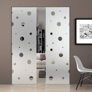 Image: Polka Dot 8mm Obscure Glass - Clear Printed Design - Double Absolute Pocket Door