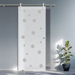 Image: Single Glass Sliding Door - Solaris Tubular Stainless Steel Sliding Track & Polka Dot 8mm Obscure Glass - Obscure Printed Design