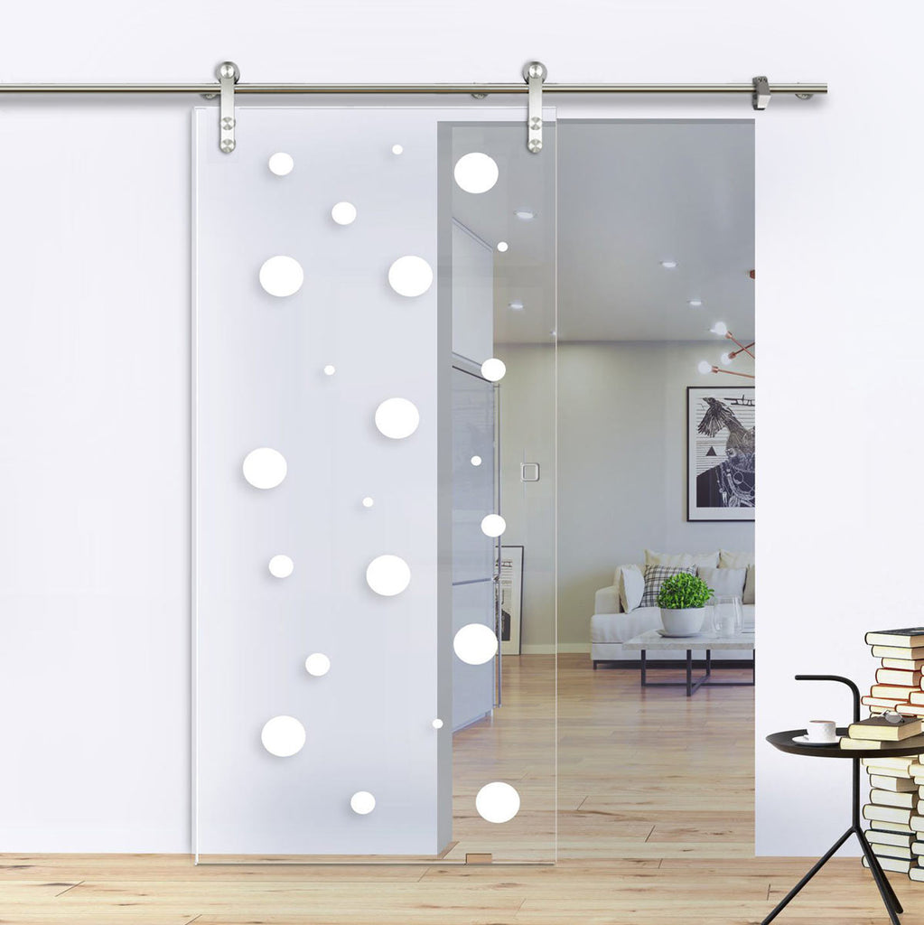 Single Glass Sliding Door - Solaris Tubular Stainless Steel Sliding Track & Polka Dot 8mm Clear Glass - Obscure Printed Design