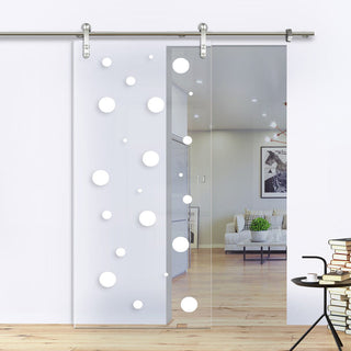 Image: Single Glass Sliding Door - Solaris Tubular Stainless Steel Sliding Track & Polka Dot 8mm Clear Glass - Obscure Printed Design