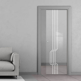 Image: Polwarth 8mm Clear Glass - Obscure Printed Design - Single Evokit Glass Pocket Door