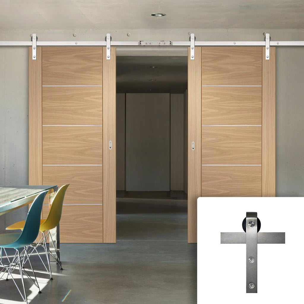 Double Sliding Door & Stainless Steel Barn Track - Portici Oak Flush Door - Aluminium Inlay - Prefinished