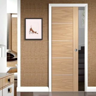 Image: Bespoke Portici Oak Flush Single Pocket Door - Aluminium Inlay - Prefinished