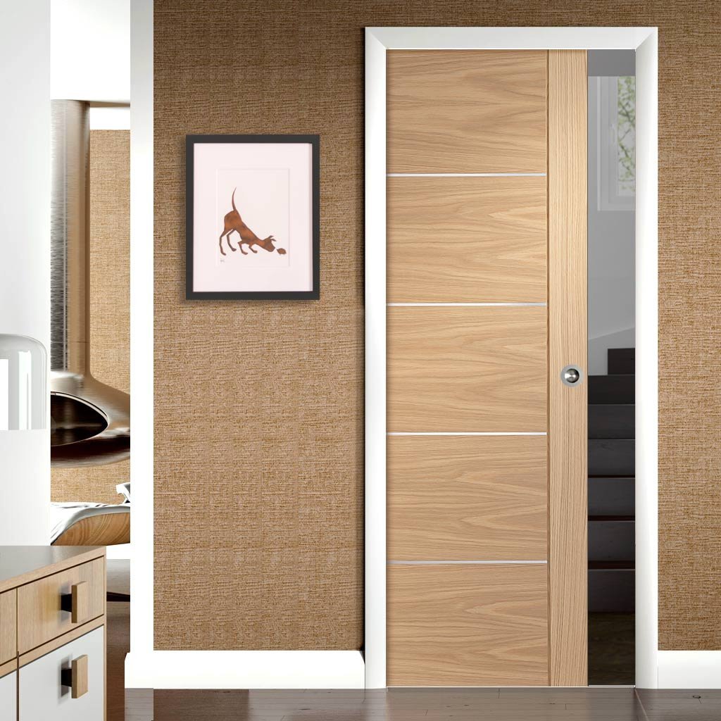 Portici Oak Flush Single Evokit Pocket Door - Aluminium Inlay - Prefinished