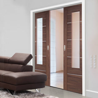 Image: Portici Walnut Flush Double Evokit Pocket Doors - Aluminium Inlay & Clear Glass - Prefinished