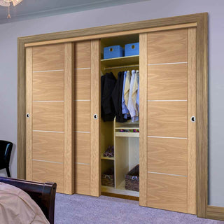 Image: Three Sliding Wardrobe Doors & Frame Kit - Portici Oak Flush Door - Aluminium Inlay - Prefinished