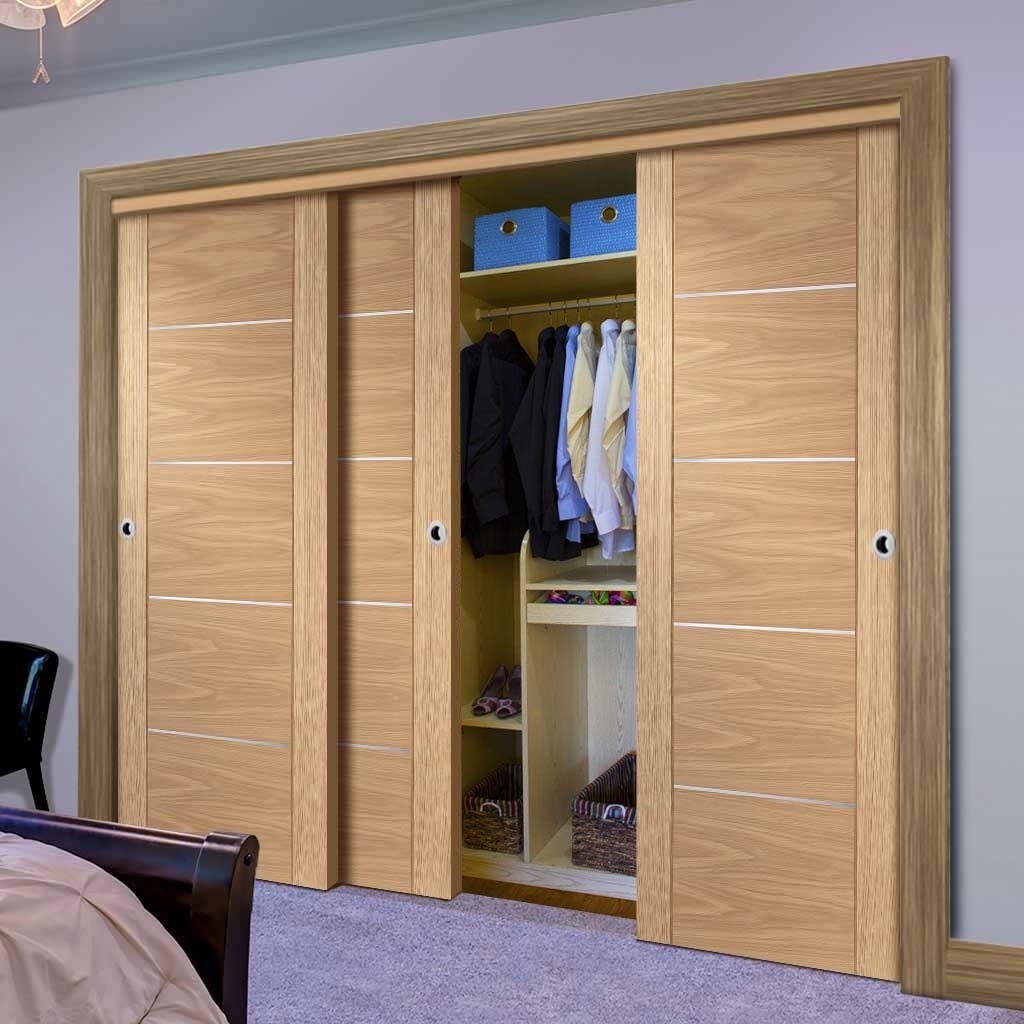 Minimalist Wardrobe Door & Frame Kit - Three Portici Oak Flush Doors - Aluminium Inlay - Prefinished