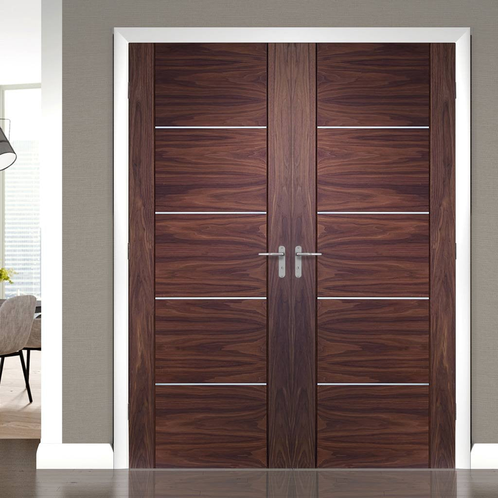 Bespoke Portici Walnut Flush Door Pair - Aluminium Inlay - Prefinished