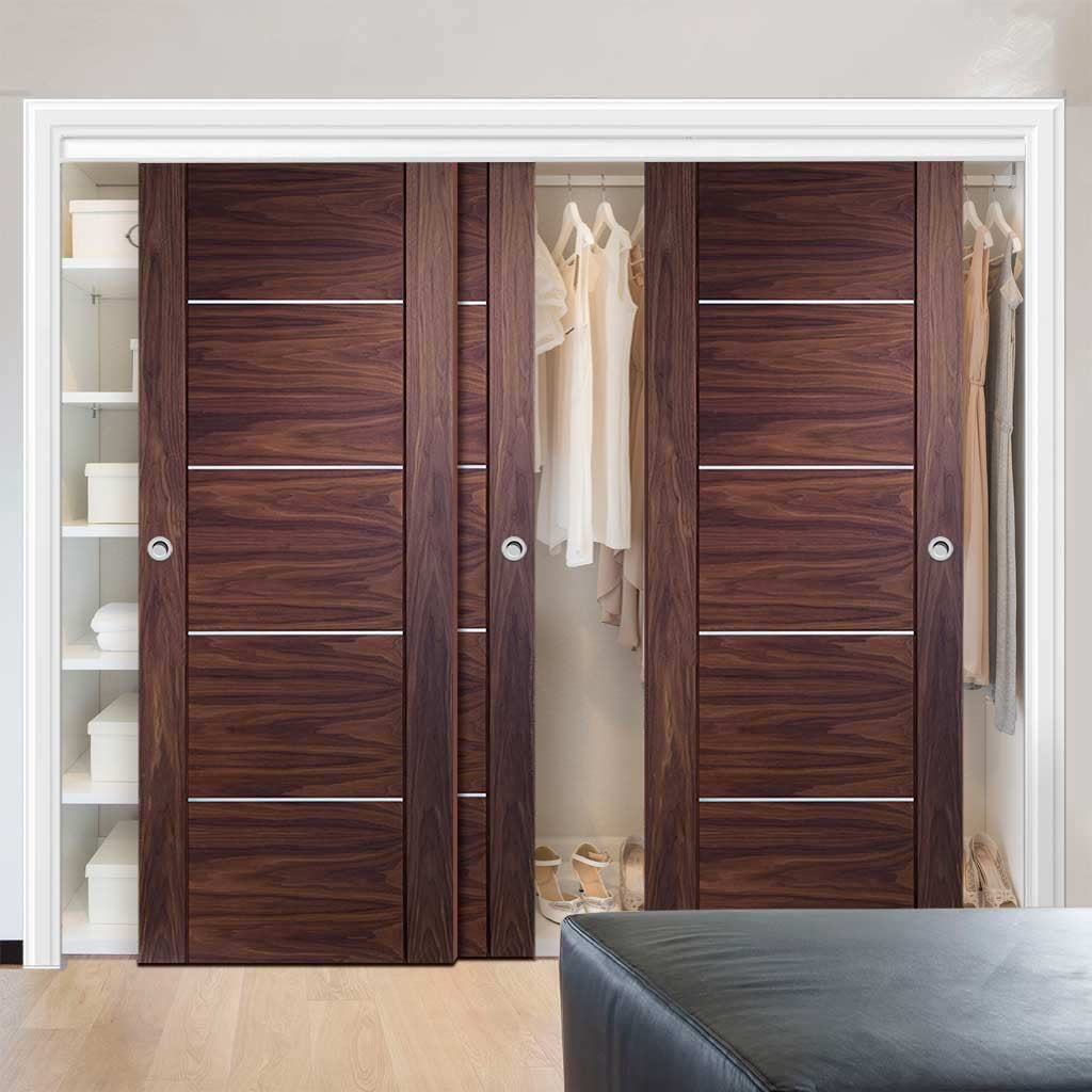 Three Sliding Wardrobe Doors & Frame Kit - Portici Walnut Flush Door - Aluminium Inlay - Prefinished